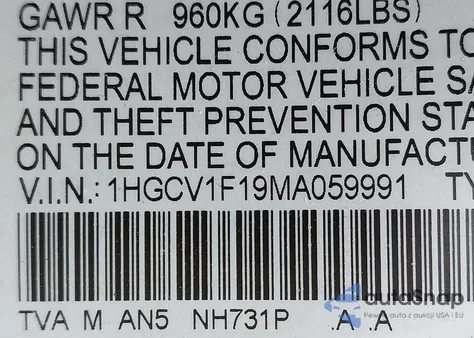 2021 Honda Accord Lx из США, поврежденный, VIN 1HGCV1F19MA059991